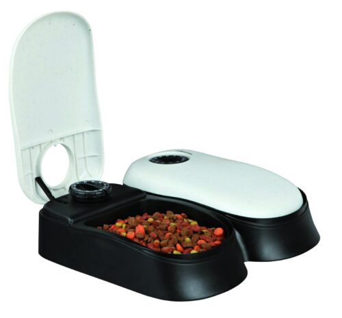 TRIXIE TX2 automatic food dispenser, 2 × 300 ml/27 × 7 × 24 cm, black/granite