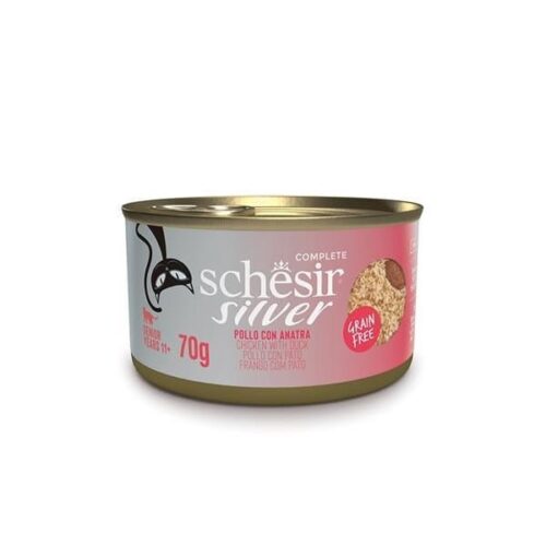 Schesir Silver Senior Cat Chicken With Duck Mousse e Fillets 12x70g Tins