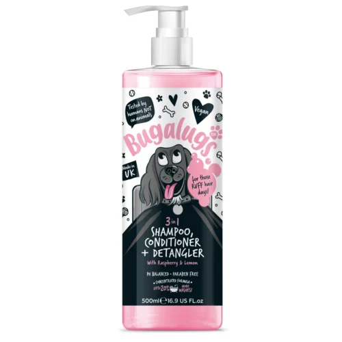 Bugalugs 3 in 1 Raspberry & Lemon Dog Shampoo, Conditioner & Detangler with Pump 500ml