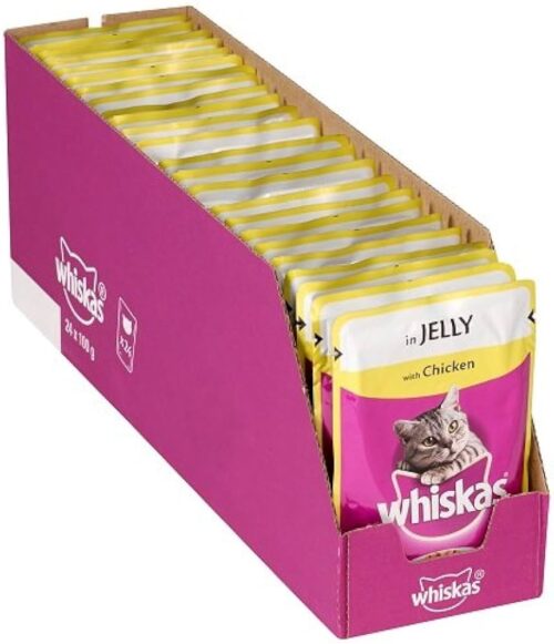 WHISKAS® 1+ Adult Wet Cat Food Pouches in Jelly with Chicken 28x85g