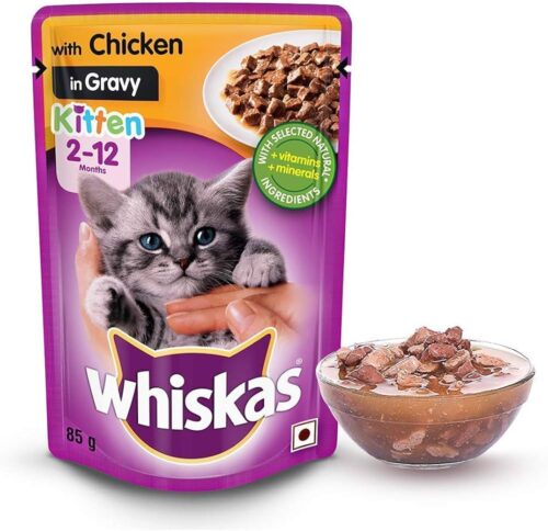 WHISKAS® Wet Food for Kittens (2-12 Months), Chicken in Gravy Flavour, 28x85g pouches