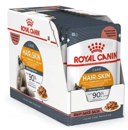 Royal Canin Hair & Skin Care – Thin Slices in Gravy, Adult Cat Complete Wet Food (12 × 85 g Pouches)