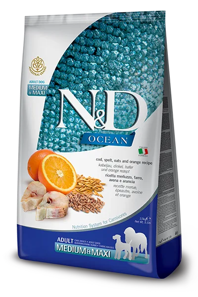 Farmina N&D Ocean Ancestral - Cod, Spelt, Oats & Orange - Medium & Maxi Adult Dry Dog Food 2.5KG | 12KG
