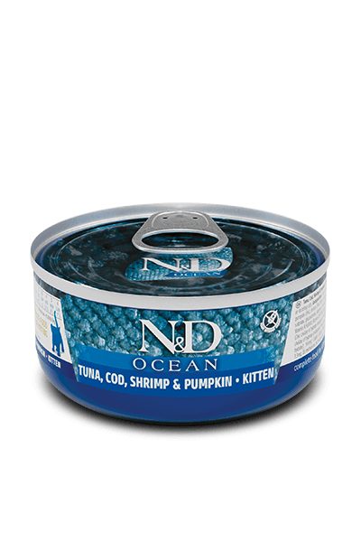 Farmina N&D Ocean Tuna, Cod, Shrimp & Pumpkin Kitten Wet Food 24x70g Tins