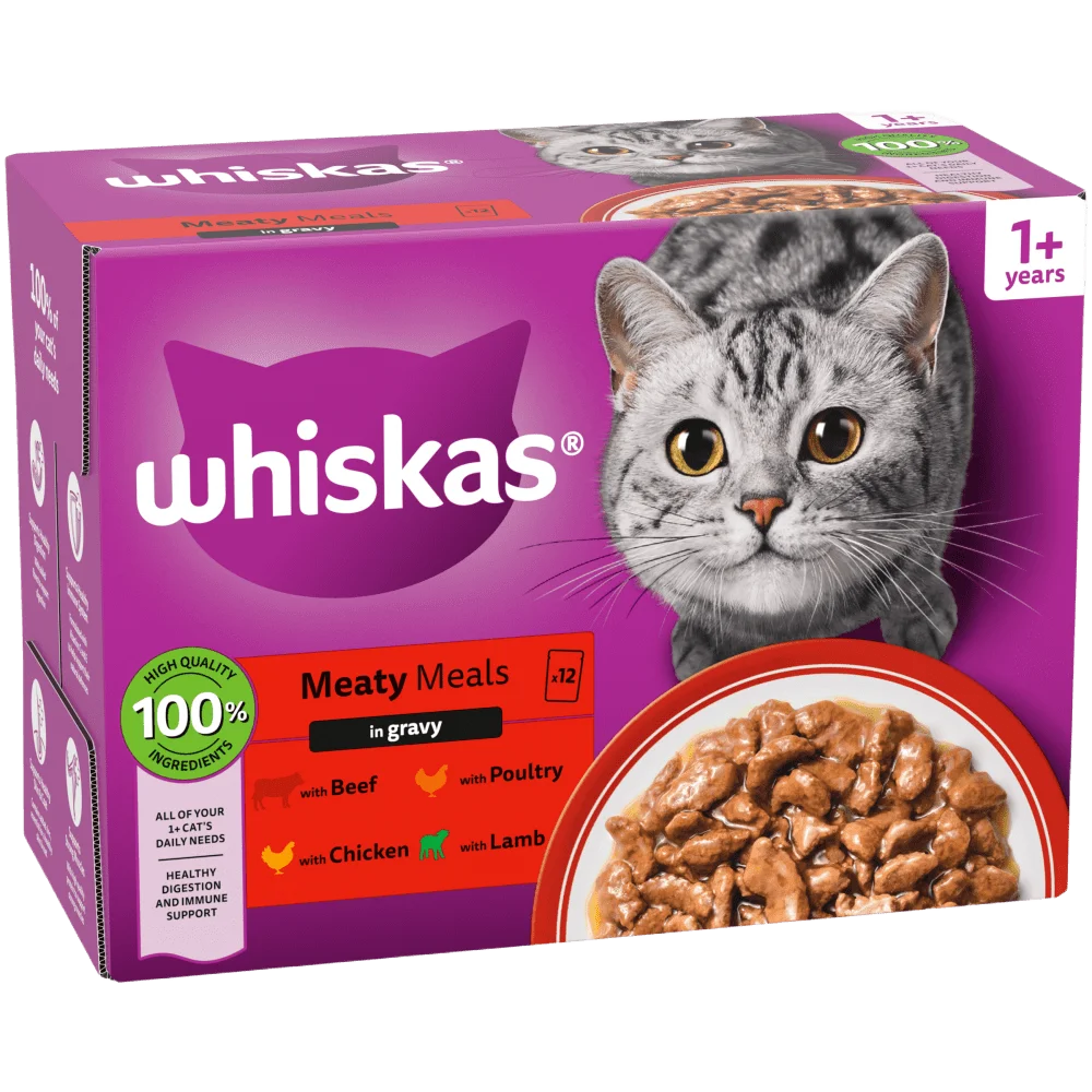 WHISKAS +1 Meaty Meals Adult Wet Cat Food Pouches Gravy 24x85g | 48x85g